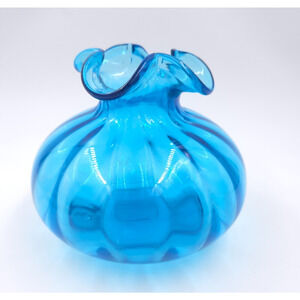 Beacon Glass Optic Ribbed Bulb Fluted Vase Blue Hand Blown Ruffled Rim
